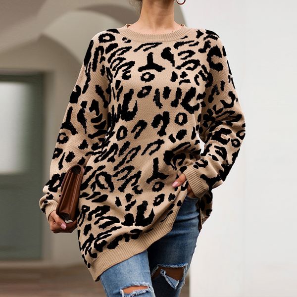 

sfit 2019 woman leopard knitted sweater winter print long sleeve female pullovers casual sweater loose female sweaters, White;black