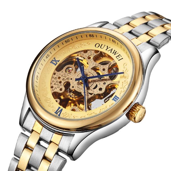 

mechanical automatic watches men and women eurasian hollow gold wrist watch for male stainless steel strap clock, Slivery;brown