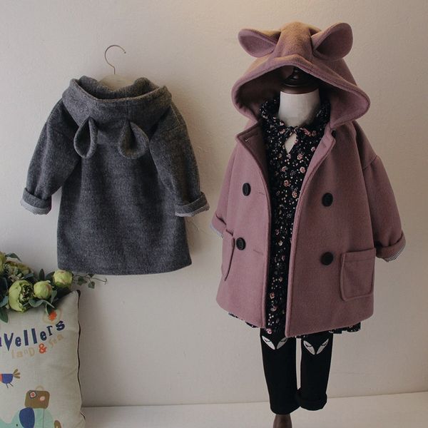 

girl's 2019 autumn super rabbit ear cute rabbit ear hat double-breasted woolen coat children's coat p8275, Blue;gray