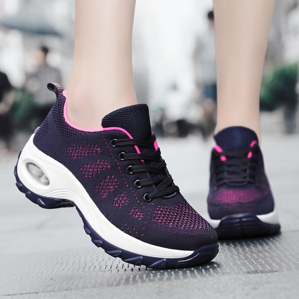 

fashion platform sneakers woman breathable air cushion comfort casual shoes height increasing lace-up soft outdoor sport shoes, Black