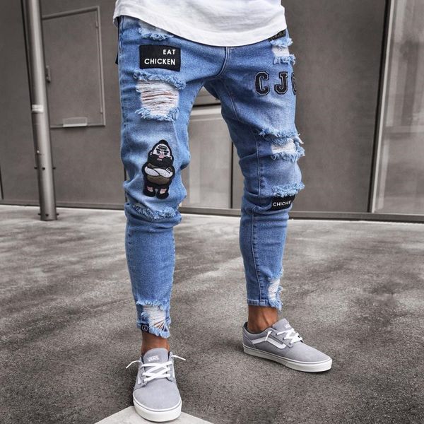 

синие джинсы 2019 мужские стильные рваные джинсы брюки-байкеры тонкие прямые хип-хоп потертые джинсовые брюки новая мода узкие джинсы для му, Blue
