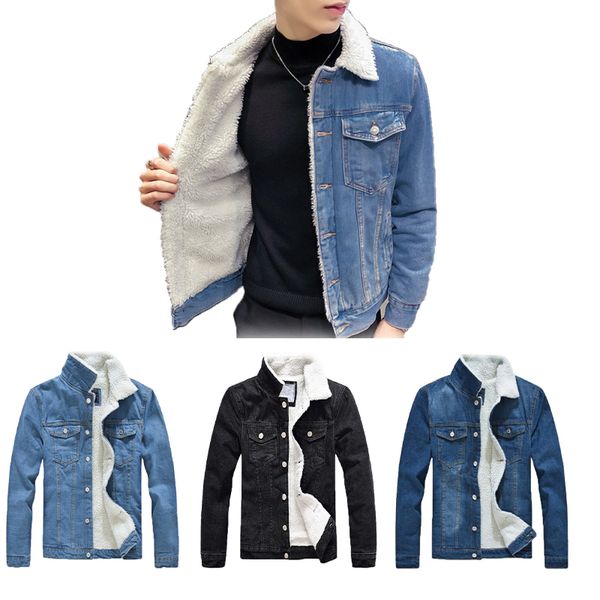 

2019 new fashion men's thick fashion casual jeans jacket blue warm winter baseball coat slim outwear overcoat for men, Black;brown