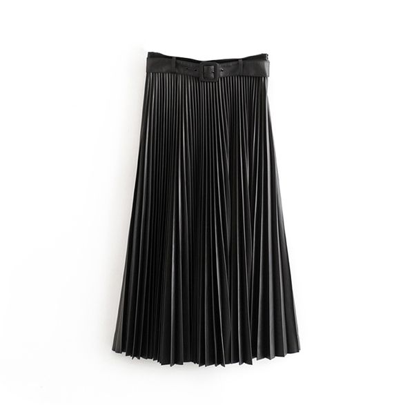 

faux leather fashion pleated skirt sashes decorate black color skirt women mid calf length loose bottoms female falda mujer