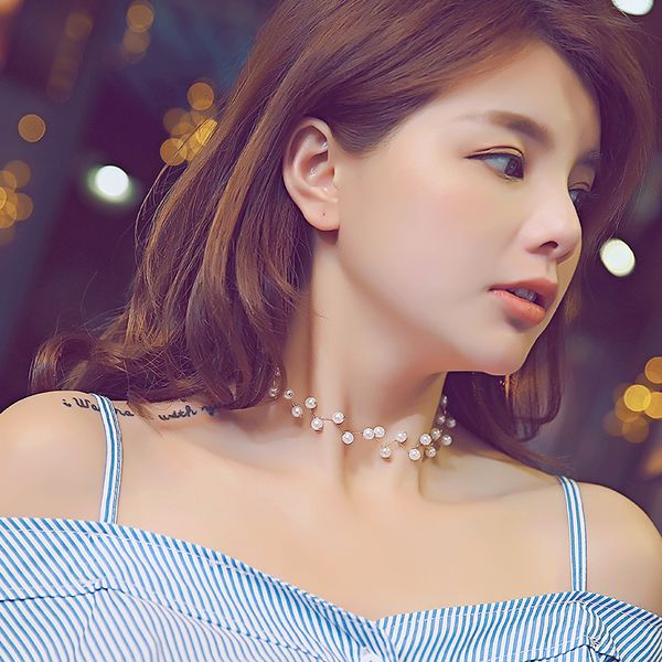 

girl artificial pearl necklace female clavicle chain short paragraph simple and elegant short neckband, Golden;silver