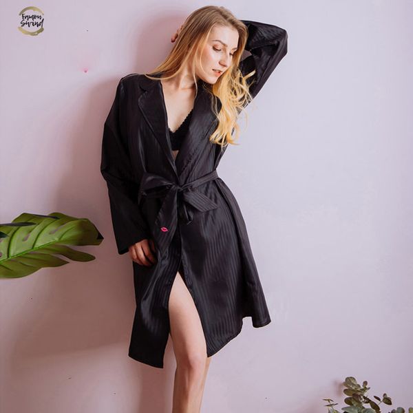 

striped bathrobe women satin knee-length ladies nightwear black belt embroidery kimono robe females swc3359-47 drop shipping, Black;red