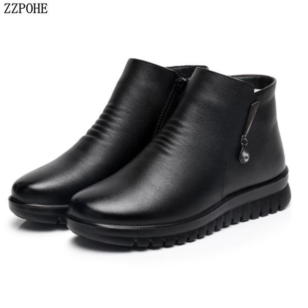 

zzpohe 2018 winter autumn woman fashions snow boots women genuine leather flat ankle boots mother soft plus velvet cotton shoes, Black