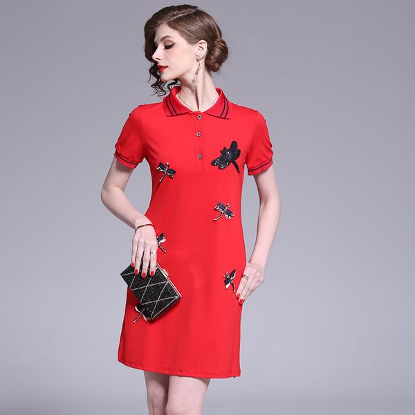 

2020 new summer women t shirt women's embroidery polo shirt trim nail skirt dress bran luxary women cotton casual short seelve dress, Black;gray