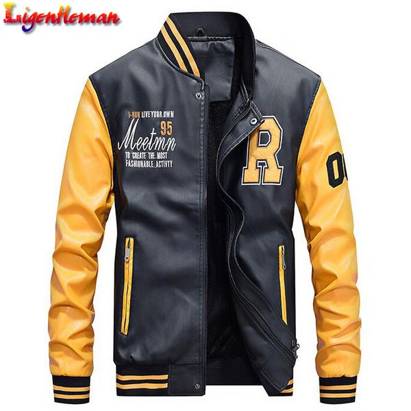 

men's stand collar jacket coat men baseball jacket embroidered leather pu coats slim fit college fleece luxury pilot jackets, Black;brown