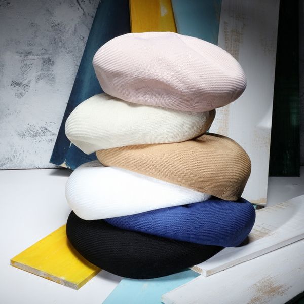 

women elegant berets 2017 spring summer new solid color knitted faux slik beret travel hats boina feminina, Blue;gray