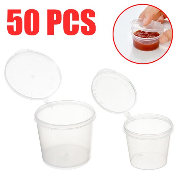 

50pcs clear plastic sauce cups 1/1.5oz sauce containers boxes portable for kitchen bbq take out package with seal lids