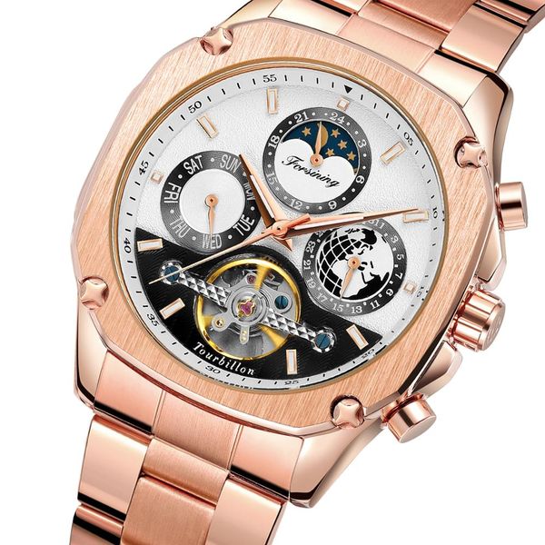 

forsining автоматическое мужчины часы мужские роза золотой дата фаза луны скелетон механический экспериментальный сталь ремешок монтре homme, Slivery;brown