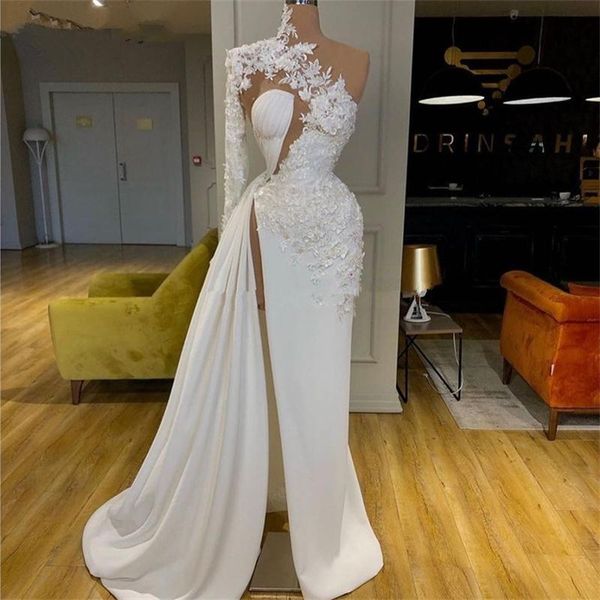 

white appliqued one shoulder prom dresses 2020 ruched side split celebrity dress robes de mariÃ©e red carpet gowns, Black