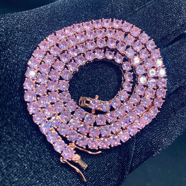 

hip hop bling iced out tennis chain necklace 1 row pink cz stone link chain chokers necklaces for women men rapper jewelry, Silver