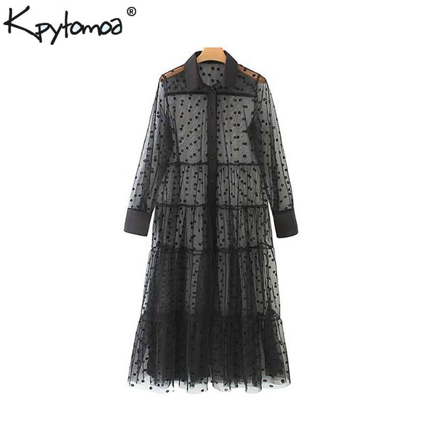 

vintage stylish mesh polka dot midi dress women 2019 fashion shirt collar long sleeve see through dresses casual vestidos mujer, Black;gray