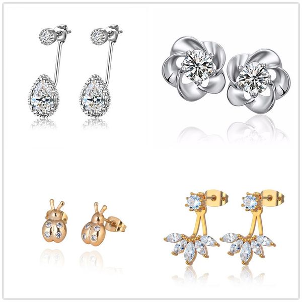 

promotion korean luxury sparking austria crystal zircon small cat stud earrings, Golden;silver