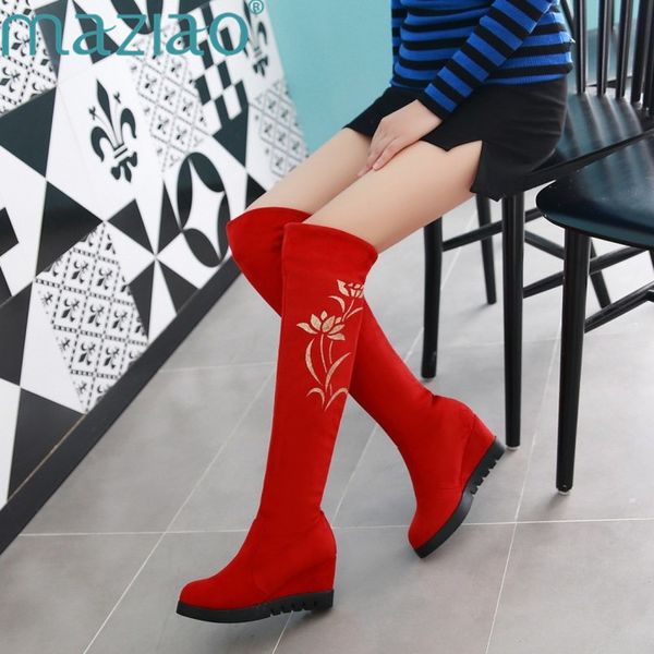 

maziao new fashion thigh high snow boots women autumn winter casual high heels wedge knee boots soft flock long shoes woman, Black