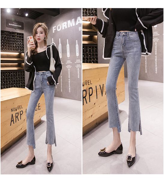 

blue gray micro flared jeans female elastic straight trousers