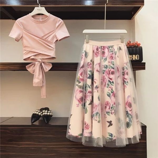 

sweet women print rose set 2019 spring summer fashion bandage cross cotton blouses and long midi a-line skirts suit, White