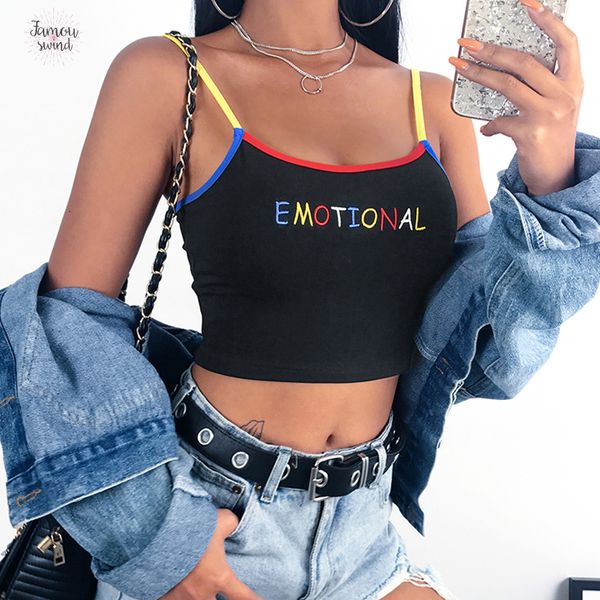 

black kawaii crop tank femme summer 2019 edge patchwork contrast color haut cute cropped feminino party, White