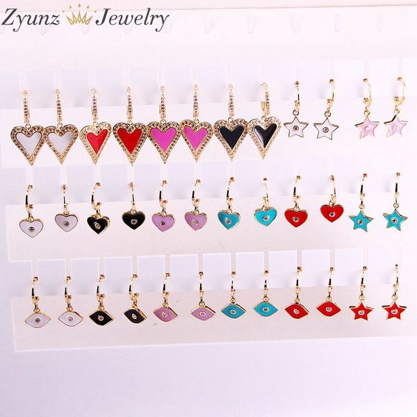 

10 pairs, fashion star / heart/eye enamel drop earring, cz micro pave heart colorful enamel dangle earrings fir lady girl, Silver