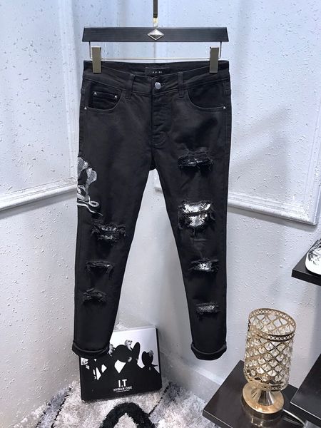 

new mens designer jeans pattern hole fashion side stripe stretch jeans skinny spliced ripped stree denim pants us size, Blue