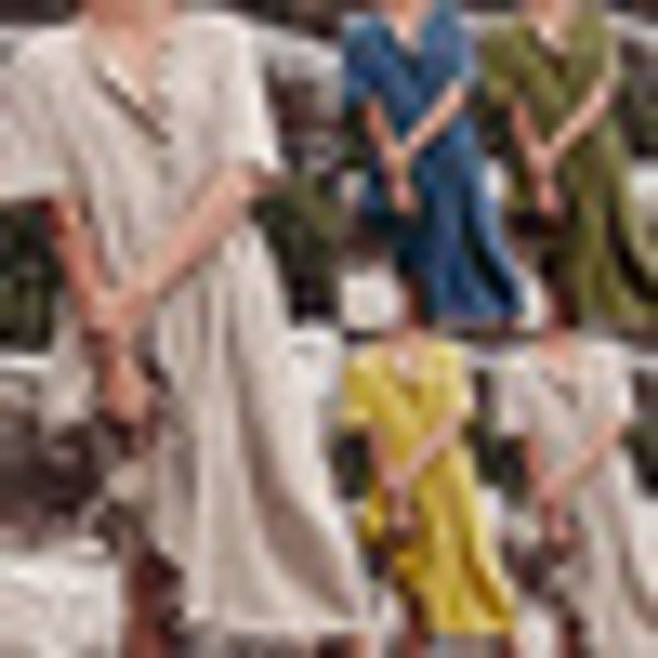 

womens linen cotton short sleeve pocket dress button plus size solid dresses female 2019 summer vintage straight clothes, Black;gray