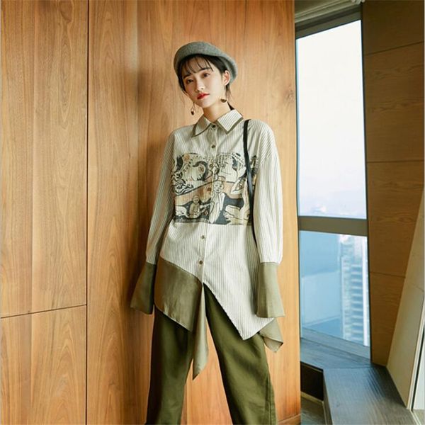 

spring 2020 fashion style personalized women's print shirts, women's long-sleeved loose casual lady shirts, White