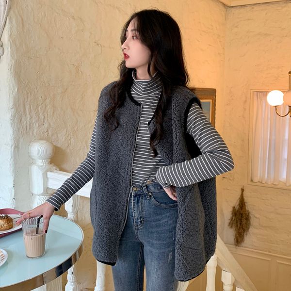 

2 colors korean spring autumn cardigan waistcoat lambwool loose solid color zipper pocket sleeveless vest coats womens (c2125, Black;white