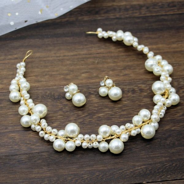 

fashion big pearl headband for women hair band girls hairbands party pearl girls hair accessories with earrings set, Golden;white