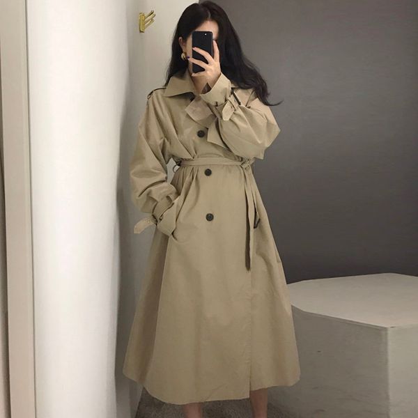 

zcsmll french elegant lapel double-breasted lace-up waist was thinner than the knee long windbreaker jacket womenjavascript, Tan;black