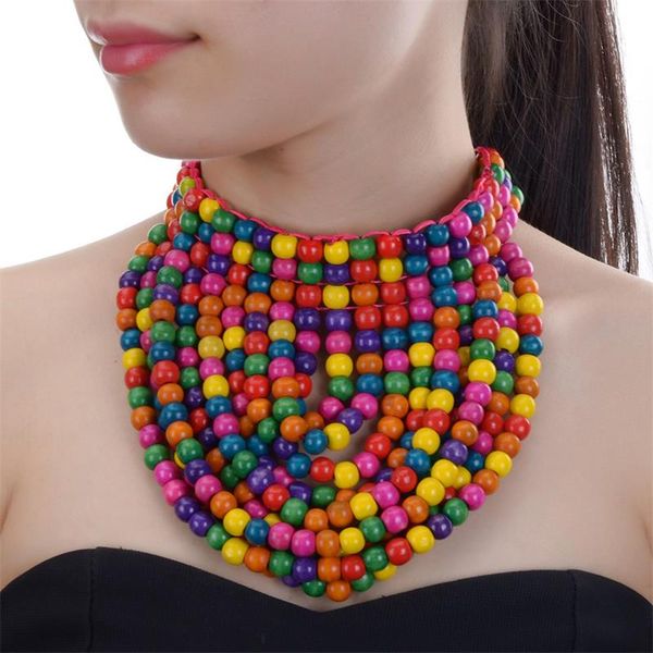 

jerollin bohemian layered colorful wood beads pendants necklace for women handmade statement necklace beach jewelry, Golden;silver