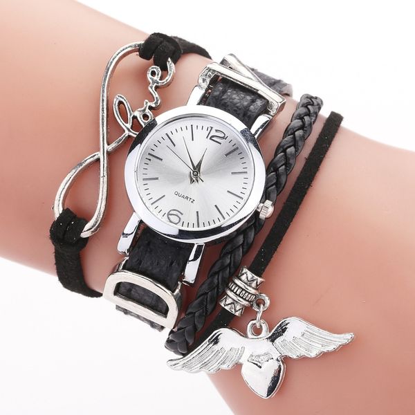 

duoya brand watches for women luxury silver heart pendant leather belt quartz clock ladies wrist watch bracelet zegarek damski, Slivery;brown