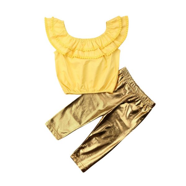 

fashion toddler baby girl kids clothes sets 1-5y off shoulder gold pants summer clothes outfits, White