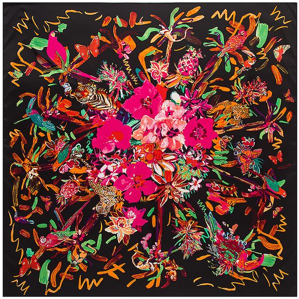 

parrot bird and flower shape type 130*130cm twill silk scarf women square scarves tassel lady spring fashion female scarf party