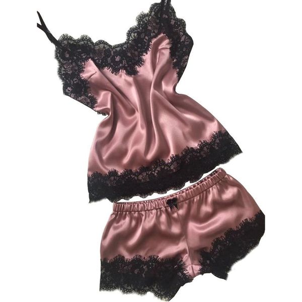 

pijamas for women lingerie sleepwear womens satin set black lace v neck pyjamas sleeveless cute cami and shorts pajamas, Black;red