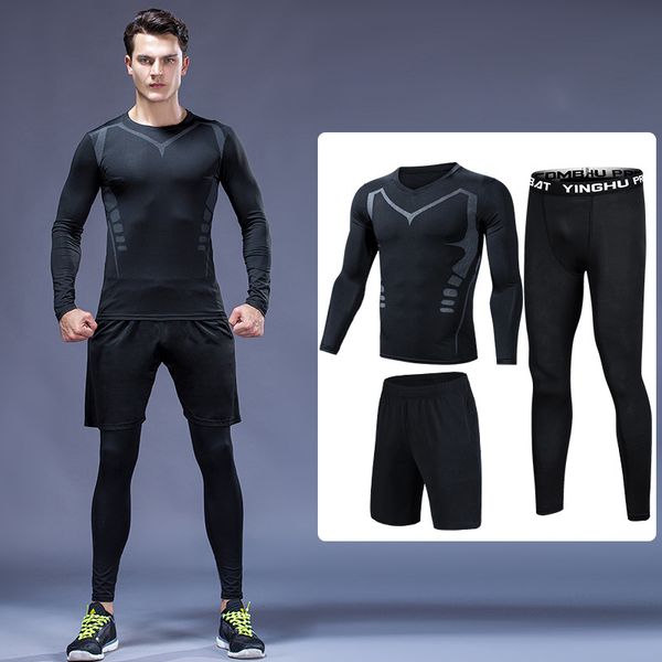 

2019 quick dry men's running sets 3pcs/sets compression sport suits clothes running jogging sport wear exercise workout tights, Black;blue