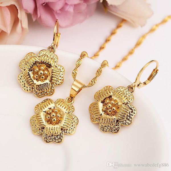 

9 k yellow fine gold filled big flower blossom set women girls jewelry pendant chain earrings bride wedding flower bijoux gift, Silver