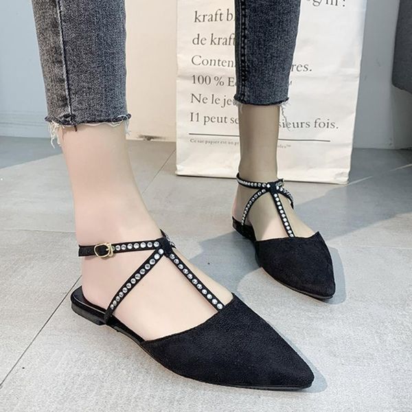 

women ladies fashion pointed toe flat spike heels buckle elastic band sandals solid casual sandals single shoes#g5, Black