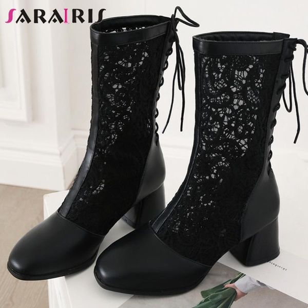 

sarairis ladies summer boots round toe office casual party mid calf boots women high heel fashion shoes woman, Black