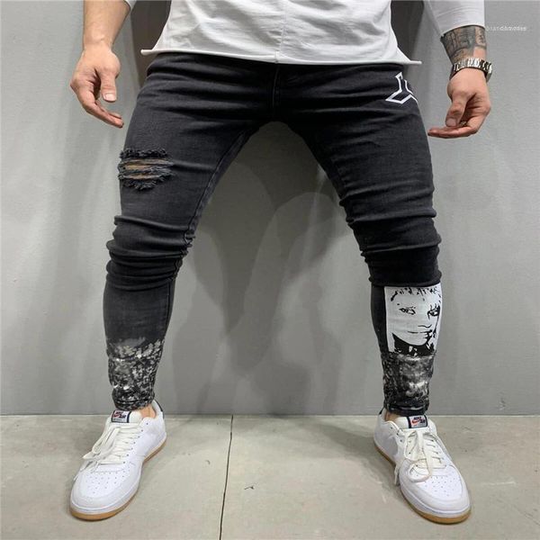 

hiphop male jeans holes printed stretch mens jeans black slim mens denim pencil pants casual, Blue