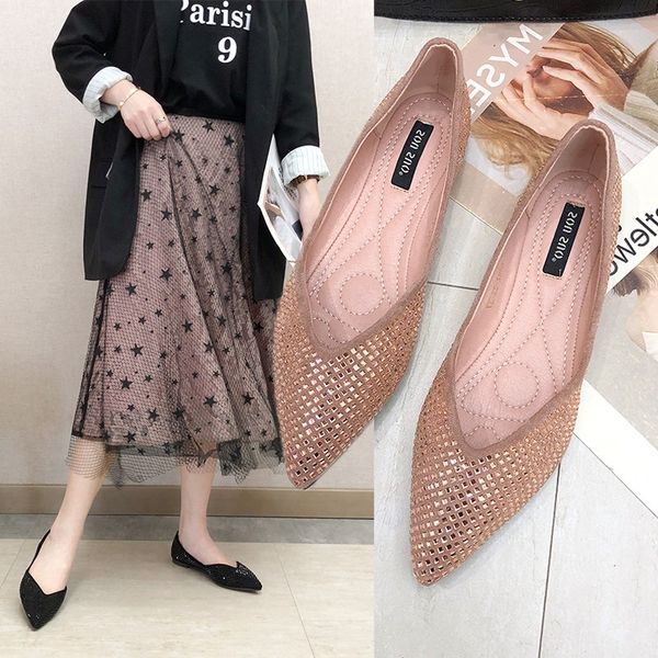 

women pointed single shoes 2020 new spring rhinestone flat bottom peas shoes female suede casual wild fashion tide models ladies, Black
