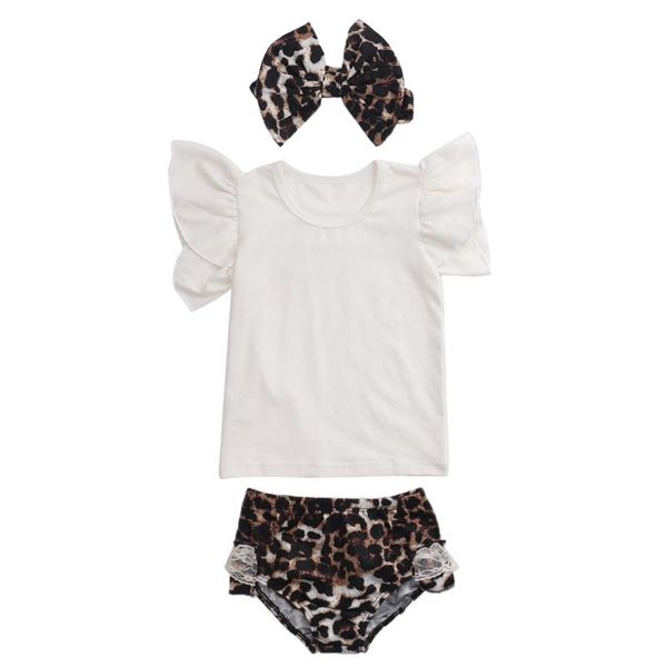 

2020 baby summer clothing toddler baby girl ruffle sleeve t-shirt leopard shorts headband 3pcs outfits set, White