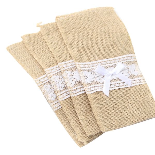

50pcs jute burlap lace cutlery pouch wedding tableware party decoration supplies fork and knife storage bag table decoration acc