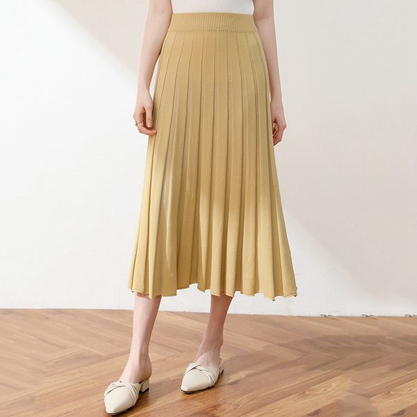 

2019 kintted skirts women autumn winter high waist solid skirts maxi women long a-line pleated elegant jupe femme, Black