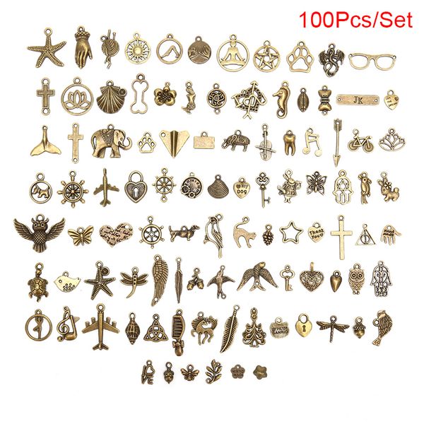 

100pcs/lot vintage metal mix size/style animal star flower charm pendants diy jewelry for necklace bracelet craft findings, Bronze;silver