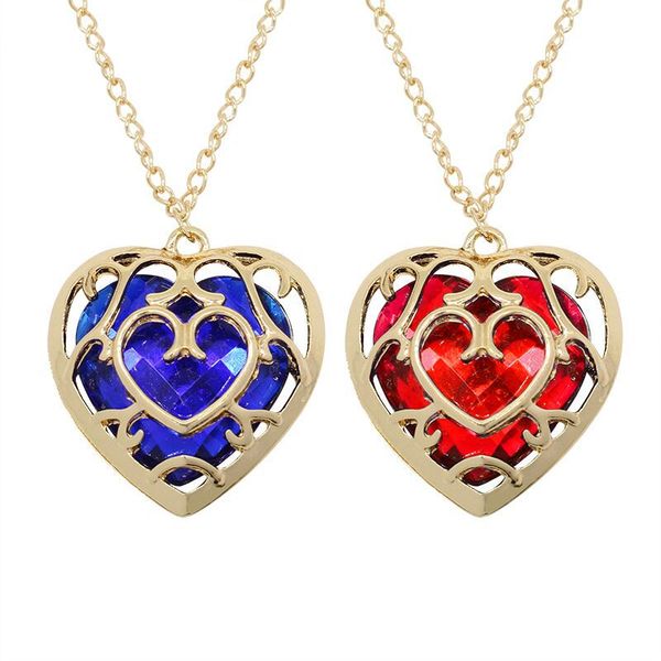 

new the legend of zelda heart shaped crystal necklace hollow ruby sapphire love pendant long gold chain for women & men fashion jewelry, Silver