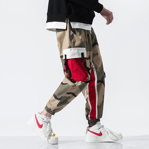 

hip hip streetwear men's camouflage joggers pants 2019 men ribbons cotton cargo pant trousers elastic waist harem pant, Black