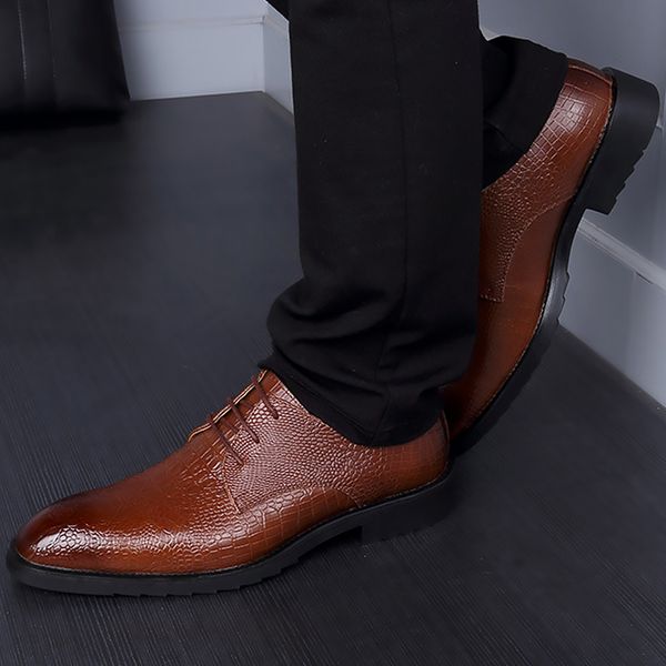 

shoes men crocodile pattern wear-resistant genuine leather pointed toe derby shoes dress shoes men tenis, Black