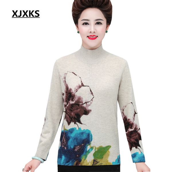 

xjxks high-end 100% pure wool women turtleneck sweater 2019 autumn winter new plus size comfortable casual women printed sweater, White;black