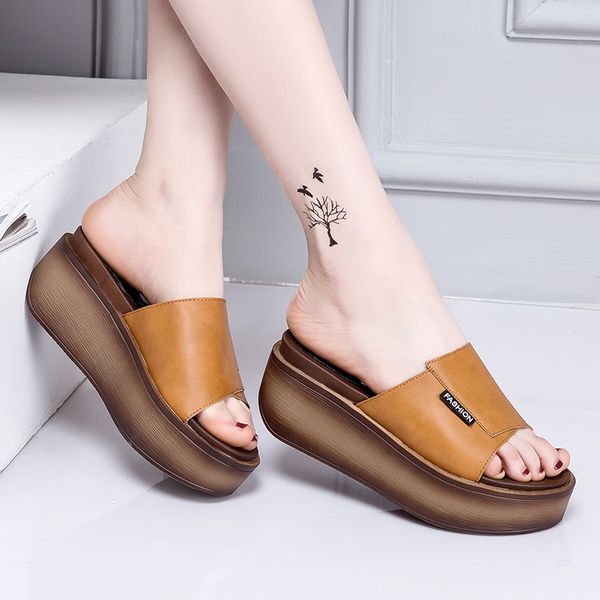 

shoes slippers women summer platform pantofle lady slides shallow heeled mules 2020 girl flat genuine leather soft heels pu, Black